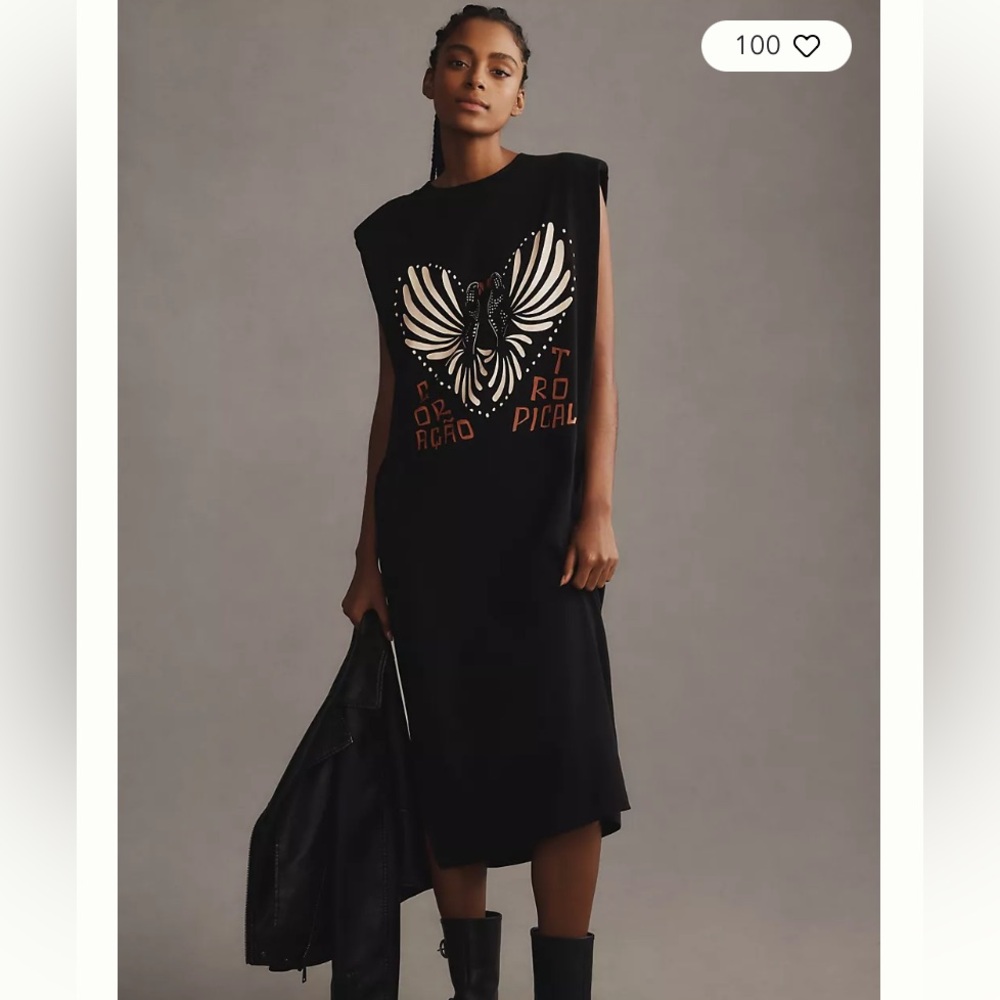 FARM Rio Black Midi Dress with White & Orange Butterfly Graphic